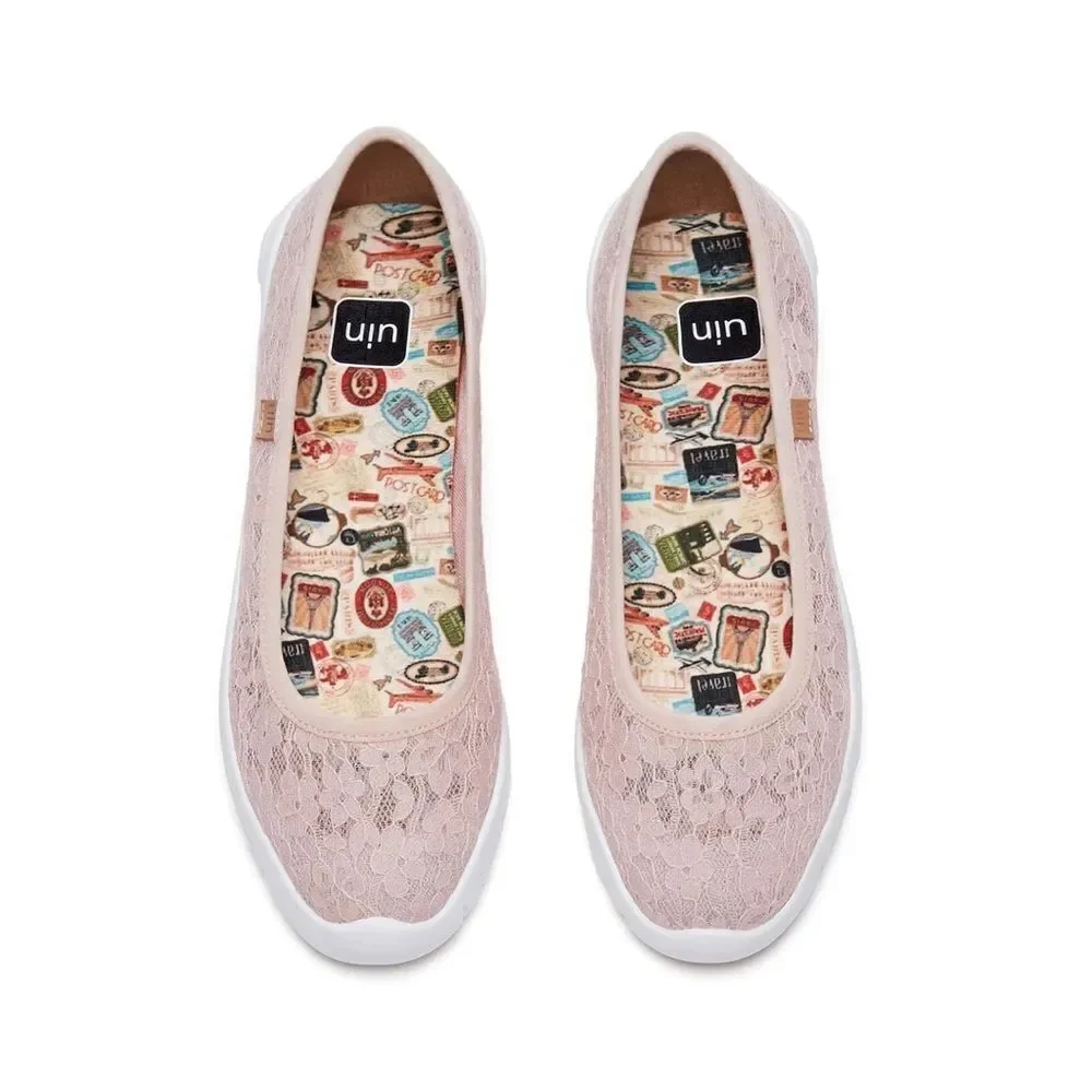 UIN Women's Ballet Flats Slip On Casual Loafers (Pink Lace Menorca III)
